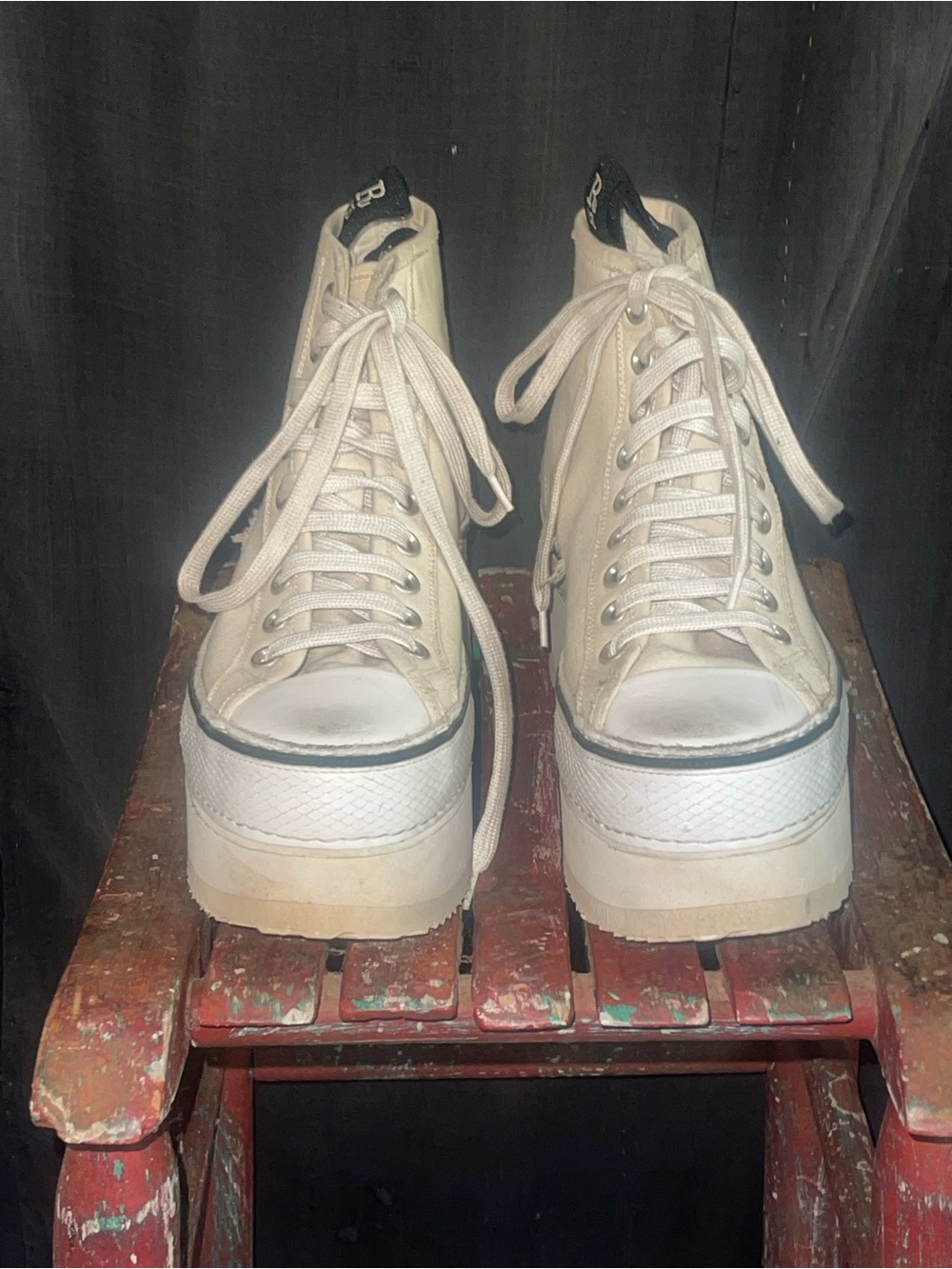 R13 Courtney Platform High Top Sneakers Ecru Distressed - Picture 2 of 7